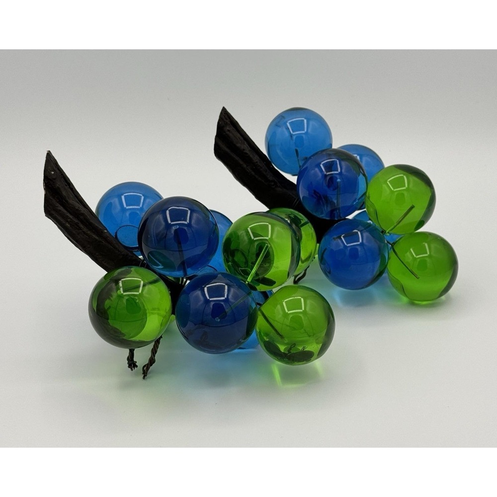 Vintage Lucite Grapes Blue Green Cluster Set of 2 Mid Century Modern Retro Decor